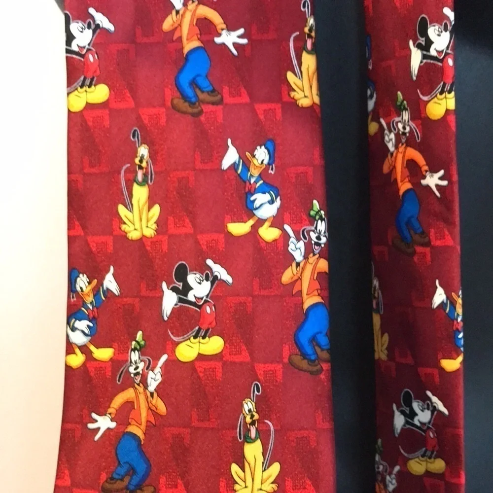 Mickey Unlimited Silk Handmade Mickey Donald Pluto Goofy Dark Red Necktie Retro